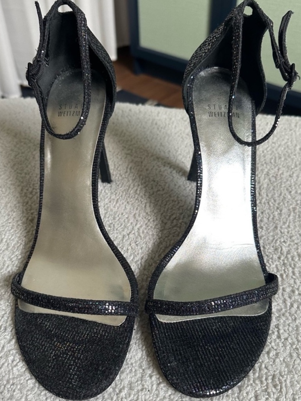 Stuart Weitzman Nudistcurve Ankle Strap Sandals, Black Holographic 🪩, Size 10